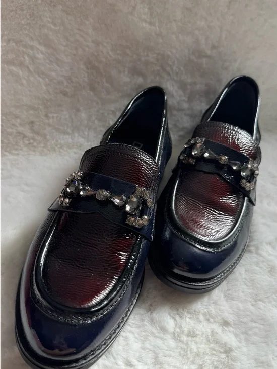 Dorking Embellished Loafers Patent Leather Burgundy Black Crystal Slip On Flats - Picture 2 of 4